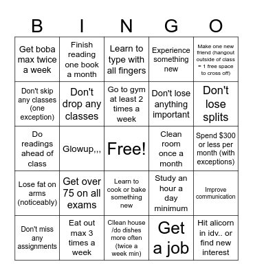 New Years Bingo Card