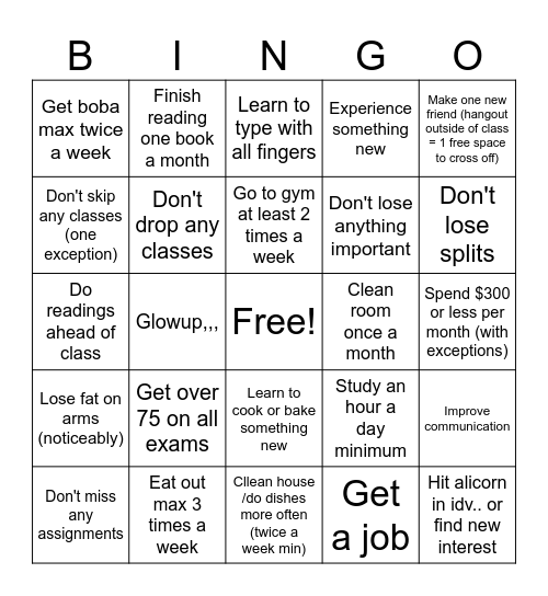 New Years Bingo Card