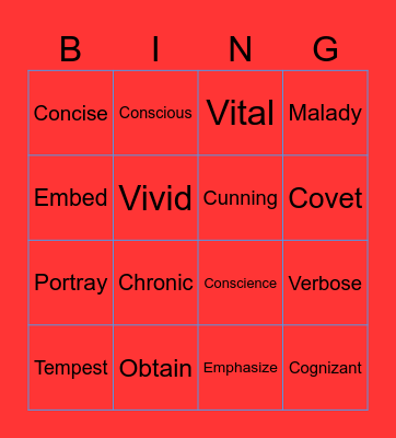 Vocab Physical Game Bingo Card