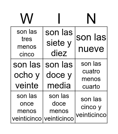 Telling time in Español! Bingo Card