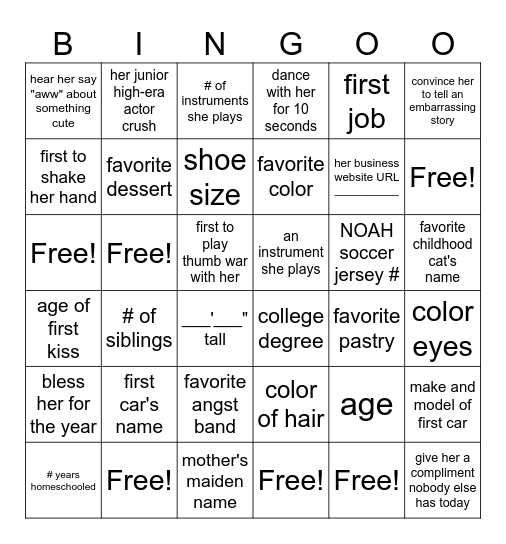 Julia's Big Fact 30 Bingo Card