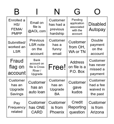 Upgrade Servicing Bingo Card