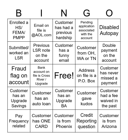 Upgrade Servicing Bingo Card