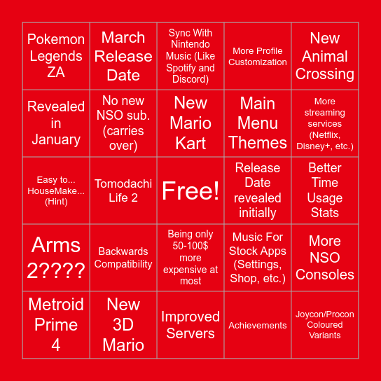 Wants for Switch 2 Reveal + Year 1 Bingo Card
