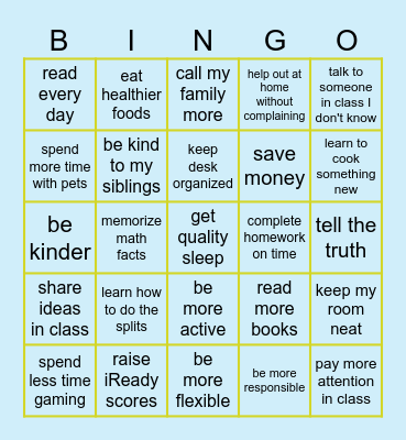 NEW YEAR RESOLUTIONS FOR KIDS Bingo Card