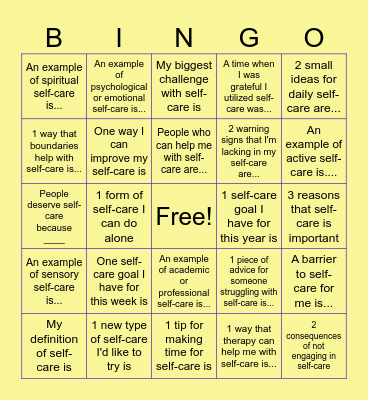 Self-Car"Self-Care for Working Professionals"e Bingo Card
