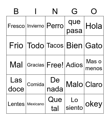 Spanish class Bingo Card