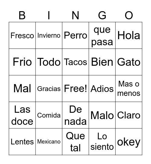 Spanish class Bingo Card