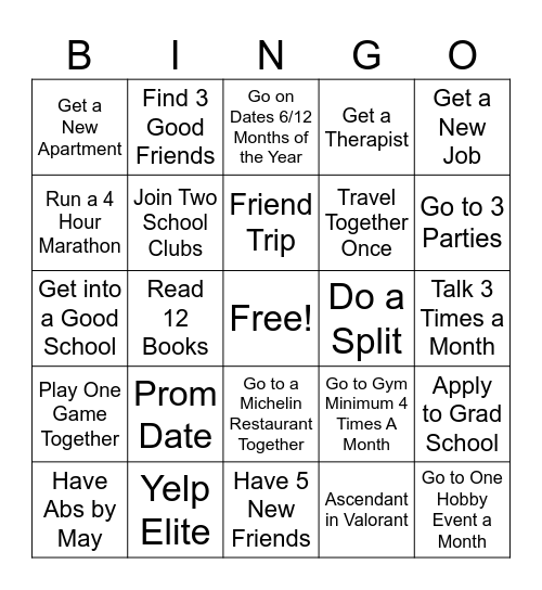 New Years Resolutions Bingo Card