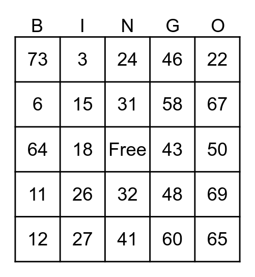 NUMBER 1-75 Bingo Card