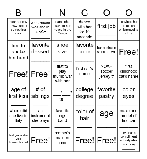 Julia's Big Fact 30 Bingo Card