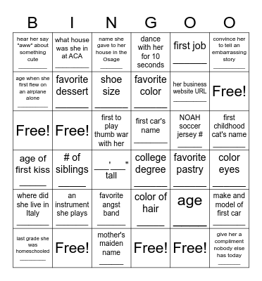 Julia's Big Fact 30 Bingo Card