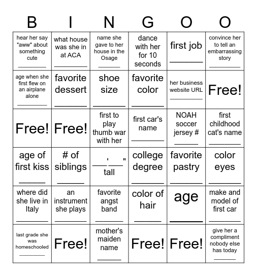 Julia's Big Fact 30 Bingo Card