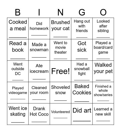Winter Bingo Card
