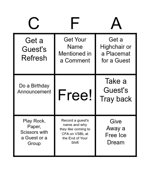 Hospitality Bingo Card