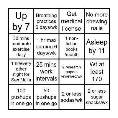New Year Goals (everything needs to be done for at least 3 months) Bingo Card