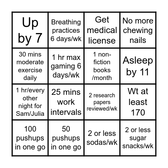 New Year Goals (everything needs to be done for at least 3 months) Bingo Card