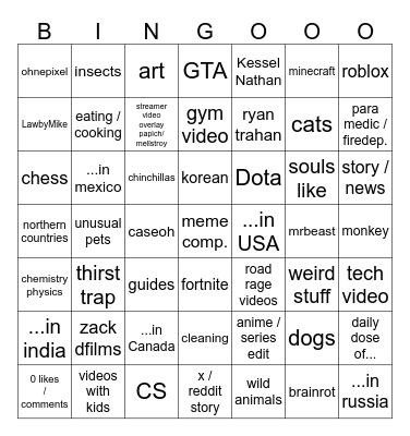 youtube shorts bingo card Bingo Card