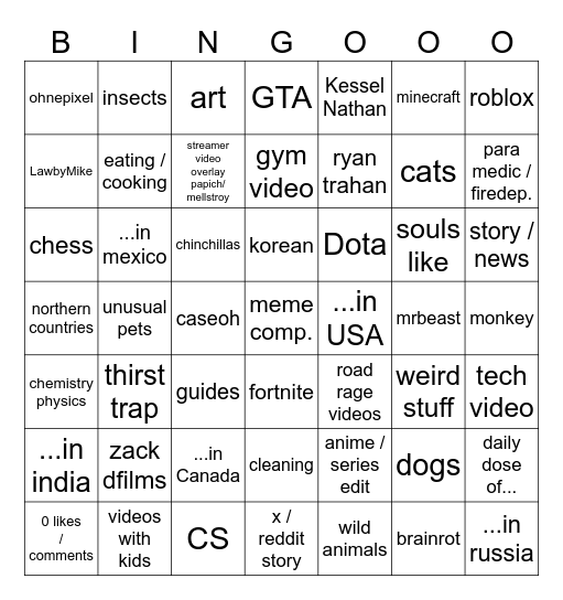 youtube shorts bingo card Bingo Card