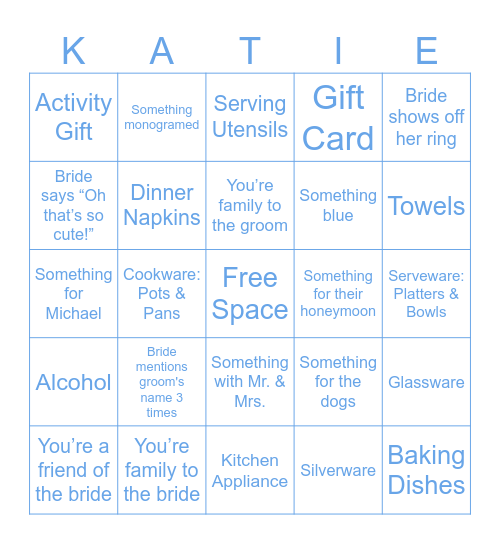 Bridal Shower Gift Bingo Card