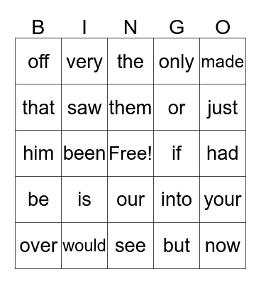English Bingo Card