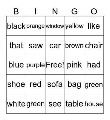 English Bingo Card