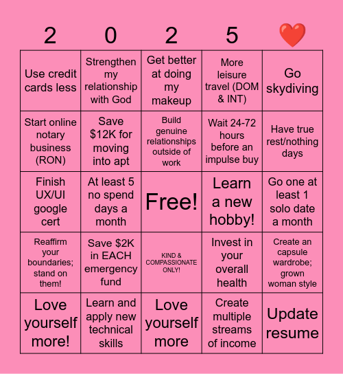 My Desires Bingo Card