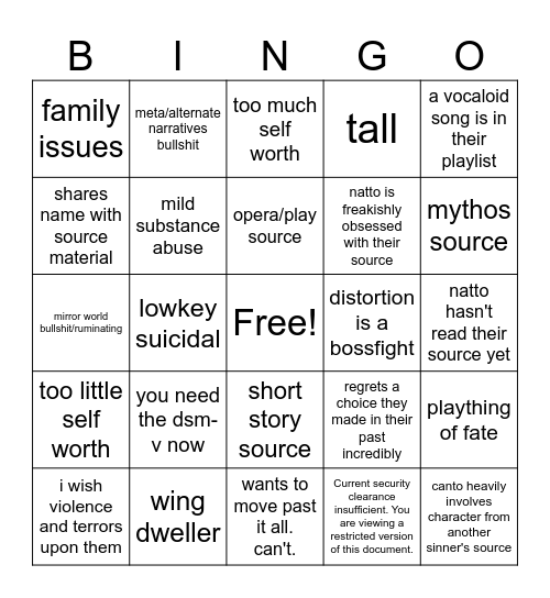 natto sinner bingo!!! Bingo Card