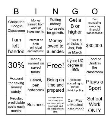 Finance Bingo Card
