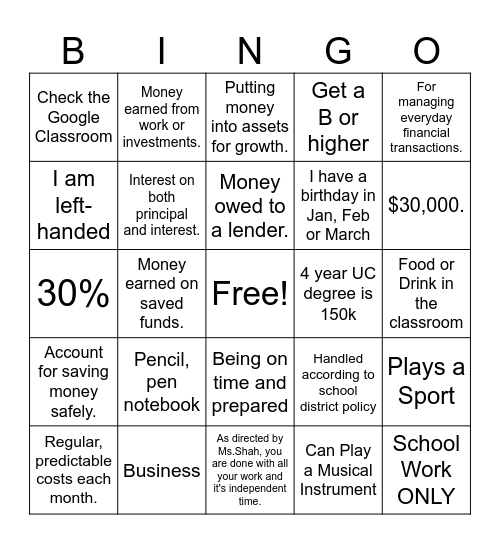 Finance Bingo Card