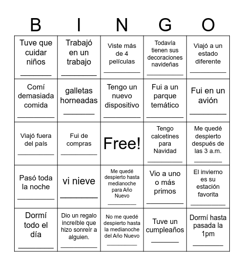Bingo de vacaciones de invierno Bingo Card