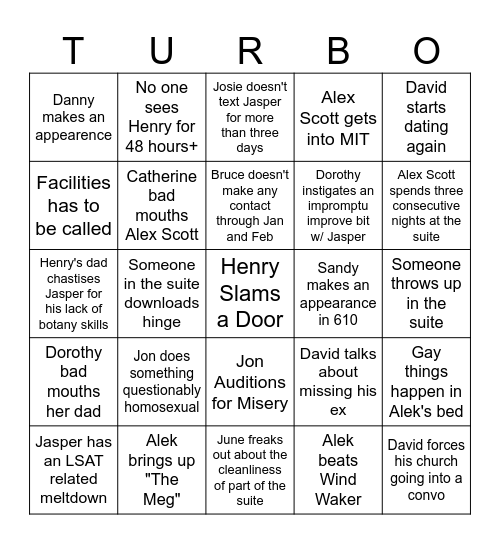 Turbo Team Bingo Semester II Bingo Card