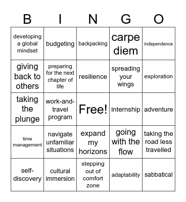 Gap Year Bingo Card