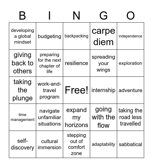 Gap Year Bingo Card