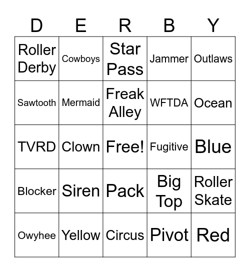 Treasure Valley Roller Derby Bingo Card