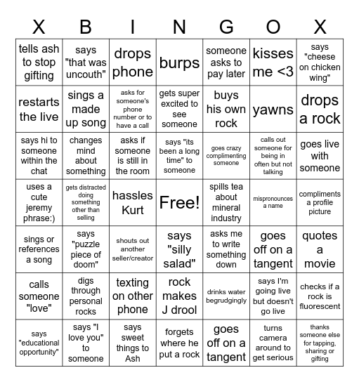 Jeremy sells rocks - B Bingo Card