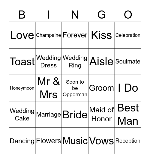 Bridal Bingo Card