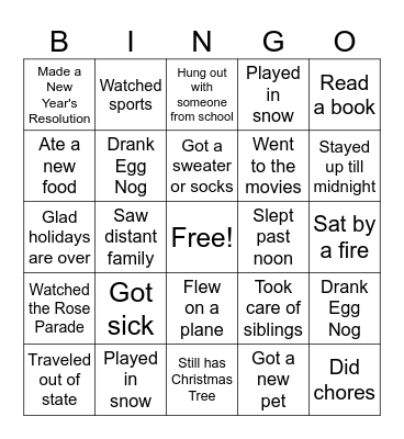 Winter Break Bingo Card