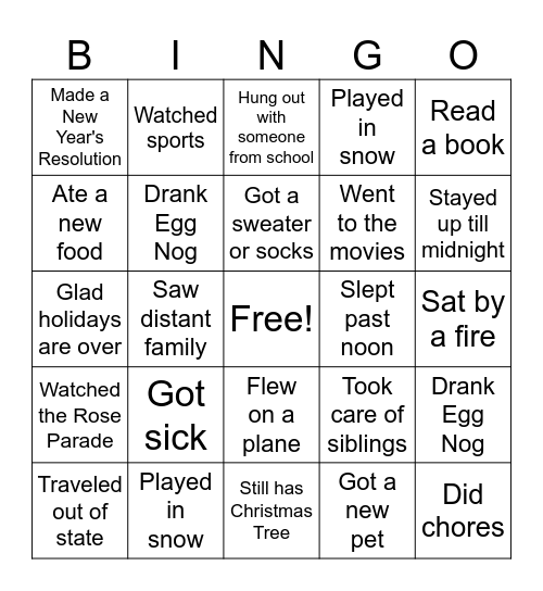 Winter Break Bingo Card