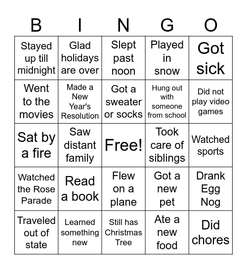 Winter Break Bingo Card