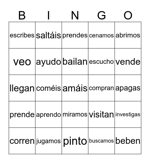 verbos regulares conjugaciones Bingo Card