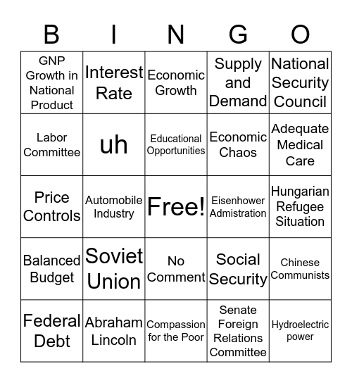 Presidential Debate 1960 Bingo Card