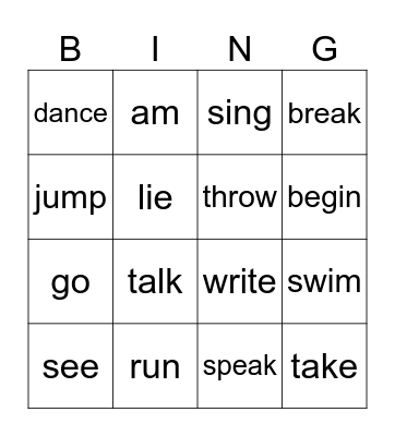 Irregular and Non-irreglar Verbs Bingo Card