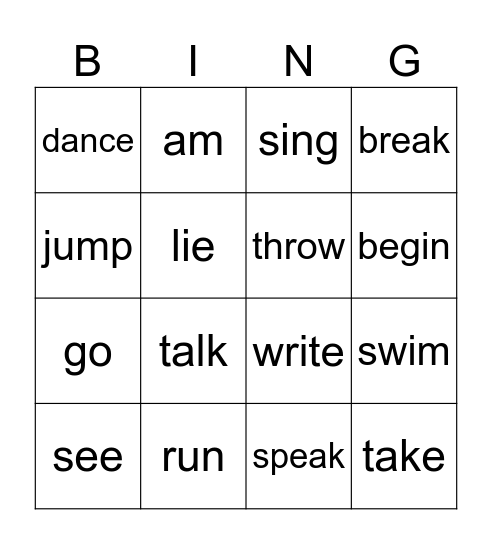Irregular and Non-irreglar Verbs Bingo Card
