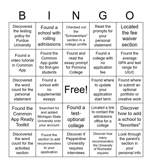 Common App Bingo! Bingo Card