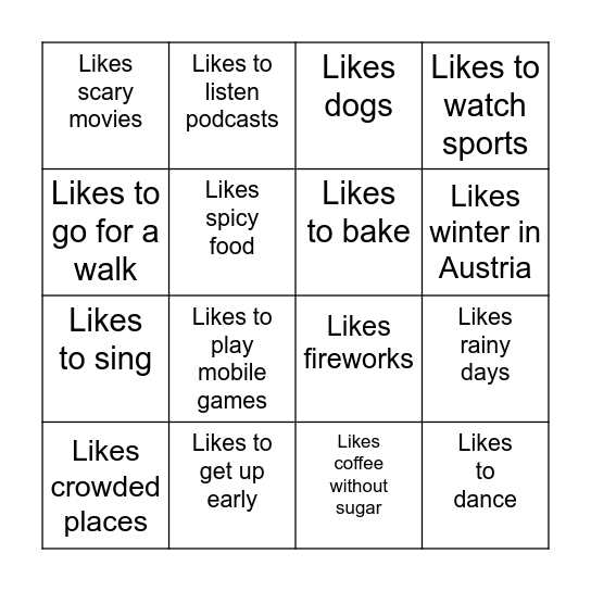 Likes Bingo Card