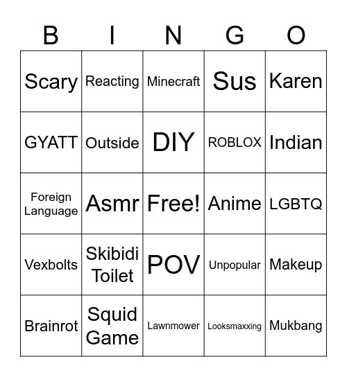 youtube shorts bingo Card