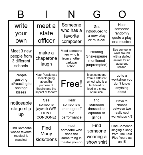 Missouri Thespian Conference Bingo Card