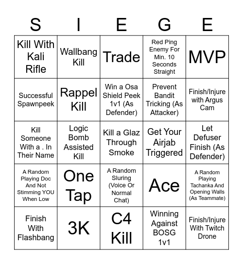 Rainbow Six Siege Bingo Card