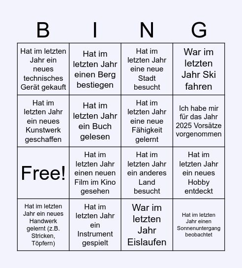 Neujahres Bingo Card